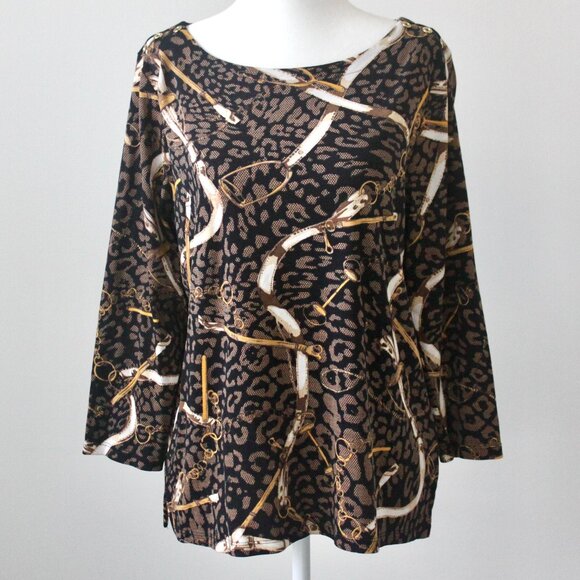 Rafaella Tops - Rafaella Brown 100% Cotton Horse Stirrup Cheetah Print Blouse Large Petite
